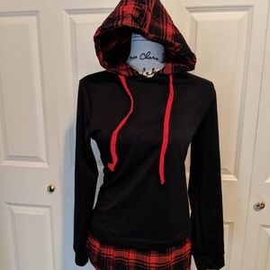 Black & Red Plaid Drawstring Hoodie Sweatshirt